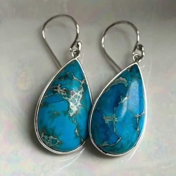 Lucas Lameth Turquoise Teardrop Earrings Set in Sterling Silver - Picture 1 of 4